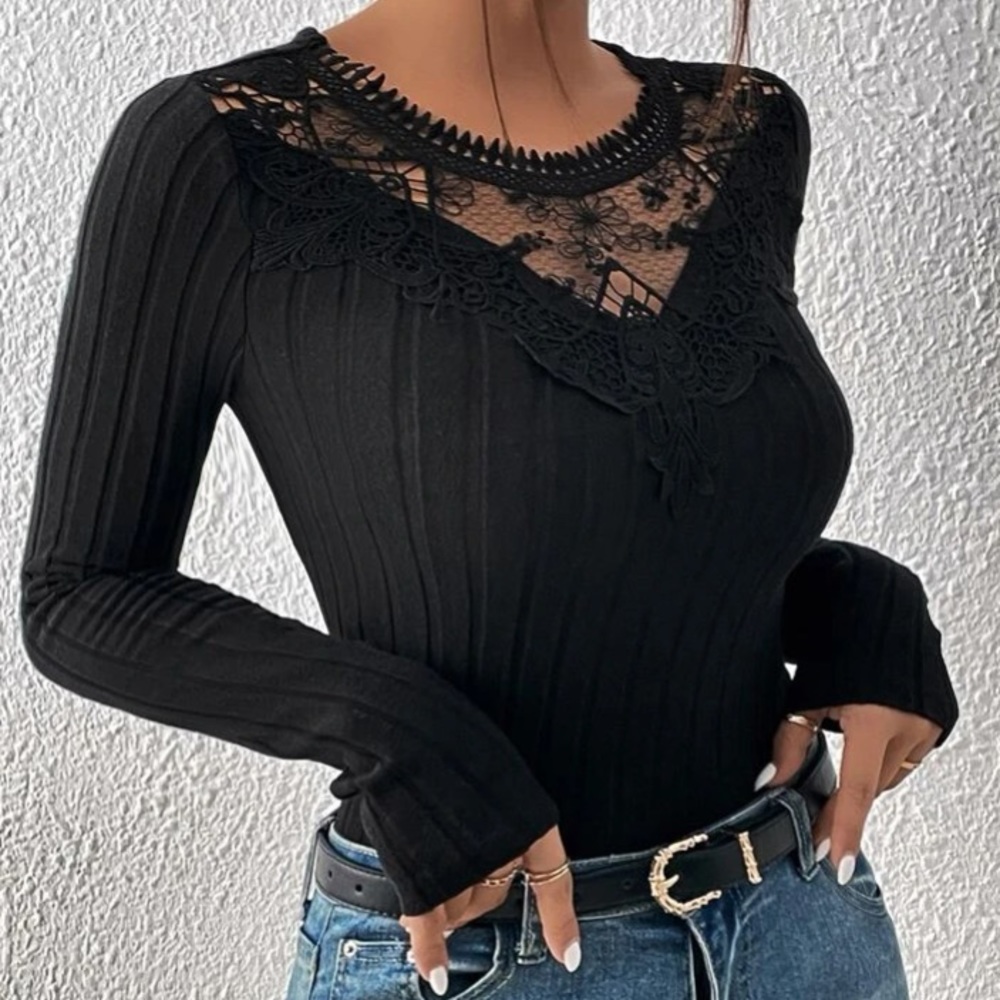 Black Rib Knit Lace Neck Top in XS and M